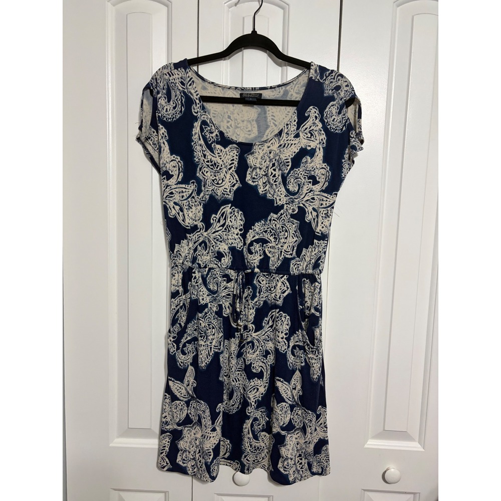 Lucky Brand Mini Dress Boho Paisley Navy Drawstring Pockets‎ Small Bohemian S